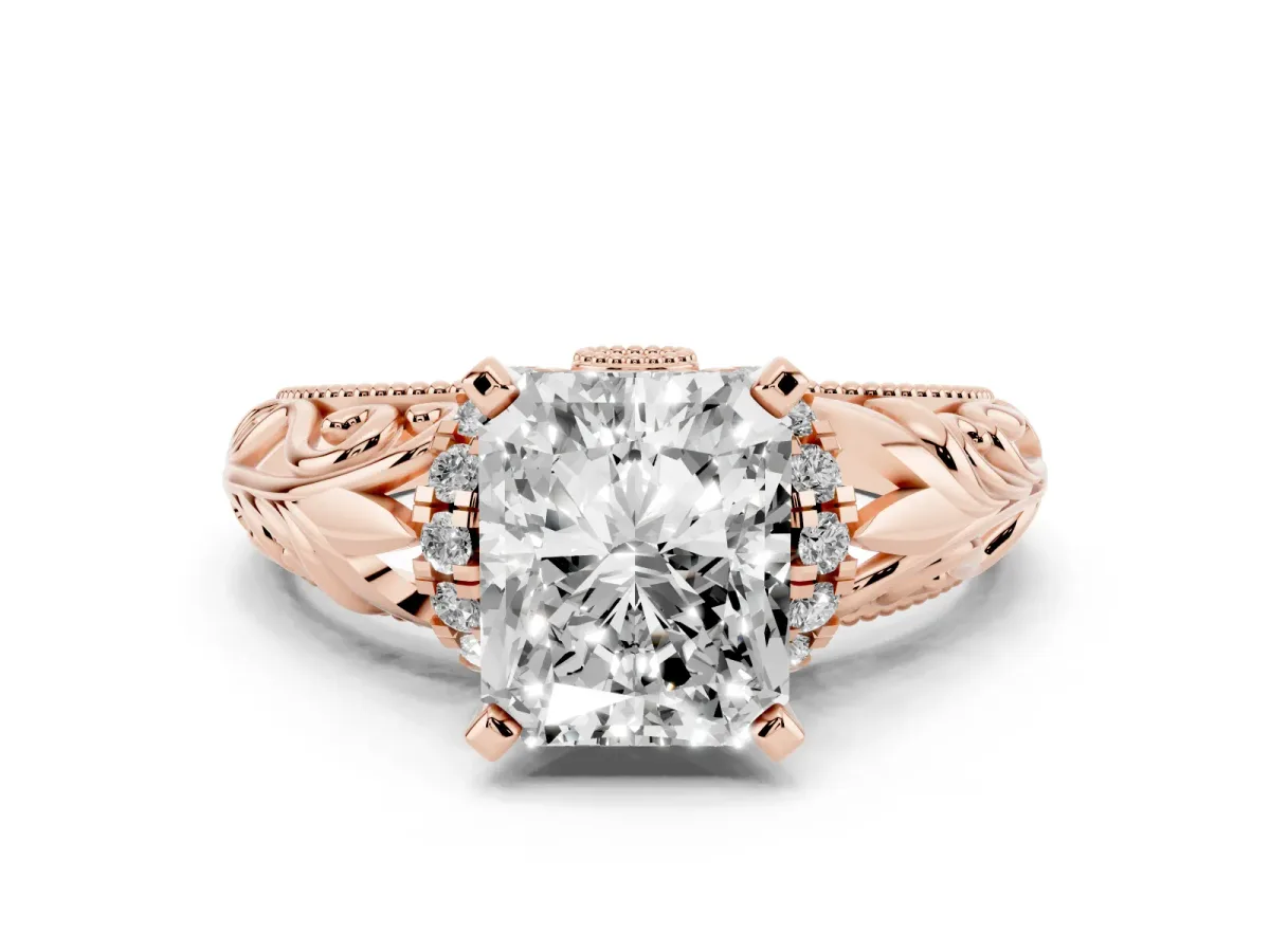 Radiant Cut Solitaire Filigree Engagement Ring with Halo and Prong Setting Rose gold