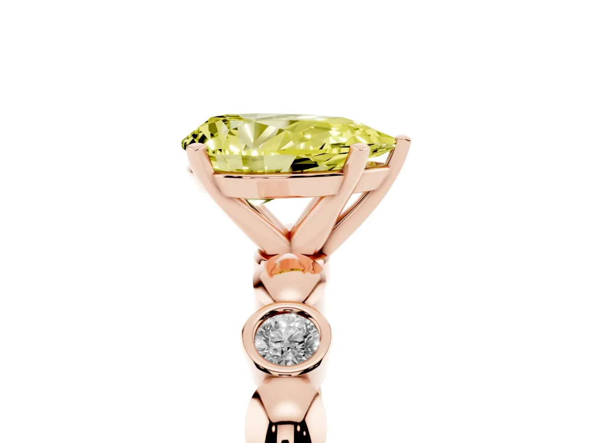 Fancy Yellow Pear Cut Solitaire Bezel-Set Diamond Ring with Beaded Band and Four-Prong Setting Rose gold