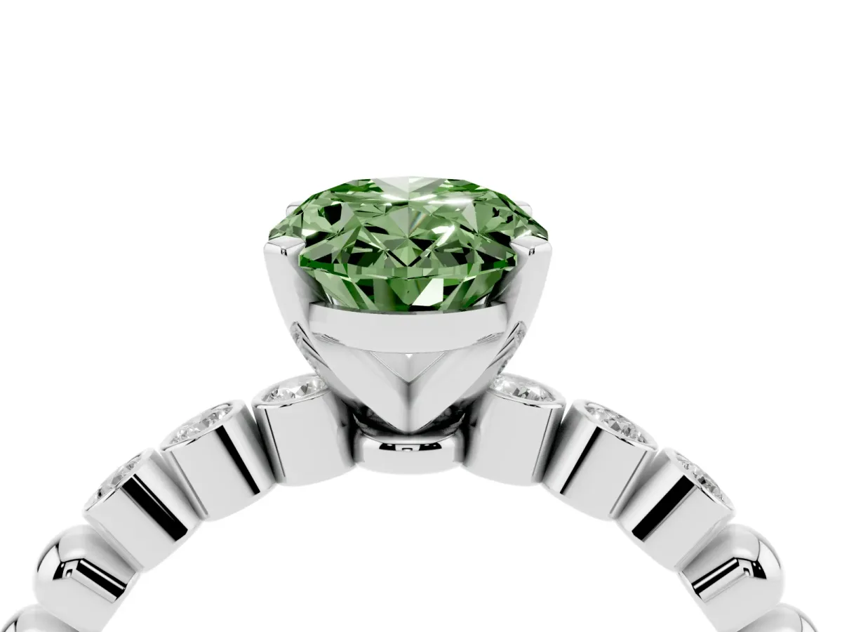 Fancy Green Oval Cut Solitaire Bezel Accent Diamond Engagement Ring with Beaded Band and Four-Prong Setting Silver