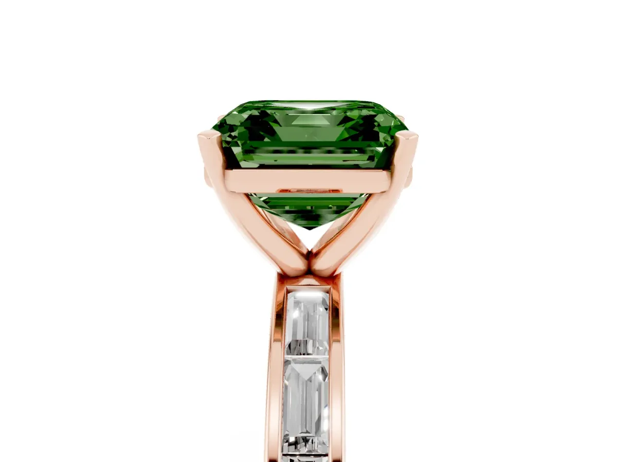 Fancy Green Asscher Cut Solitaire Diamond Ring with Channel-Set Baguette Band and Four-Prong Setting Rose gold