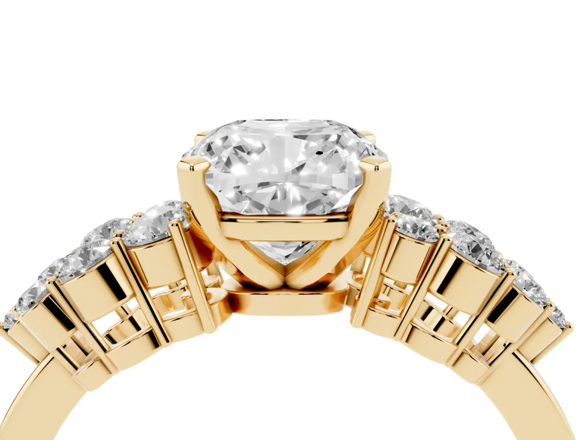 Cushion Cut Cluster Diamond Engagement Ring with Pavé Band and Four-Prong Setting Yellow gold