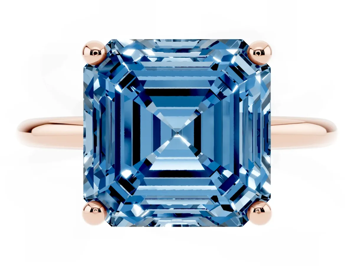 Fancy Blue Asscher Cut Solitaire Diamond Ring with 4-Prong Setting on a Classic Band Rose gold