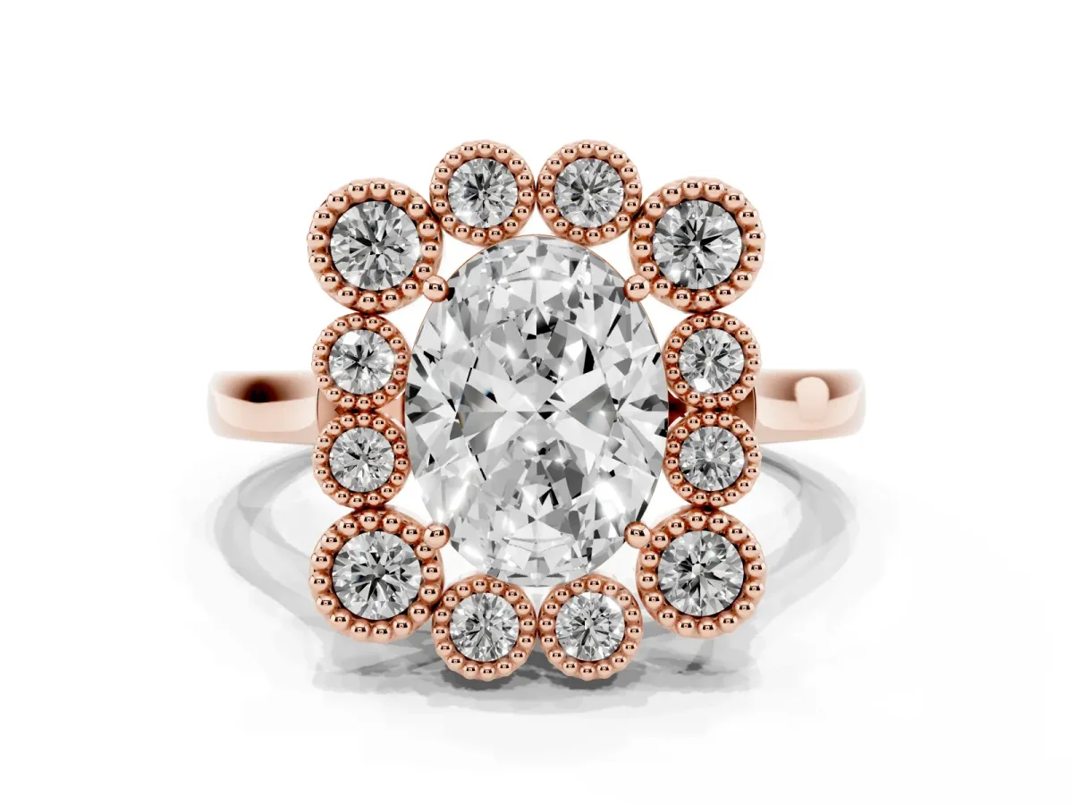 Oval Cut Halo Diamond Cluster Engagement Ring with Milgrain Bezel Setting and Solitaire Band Rose gold
