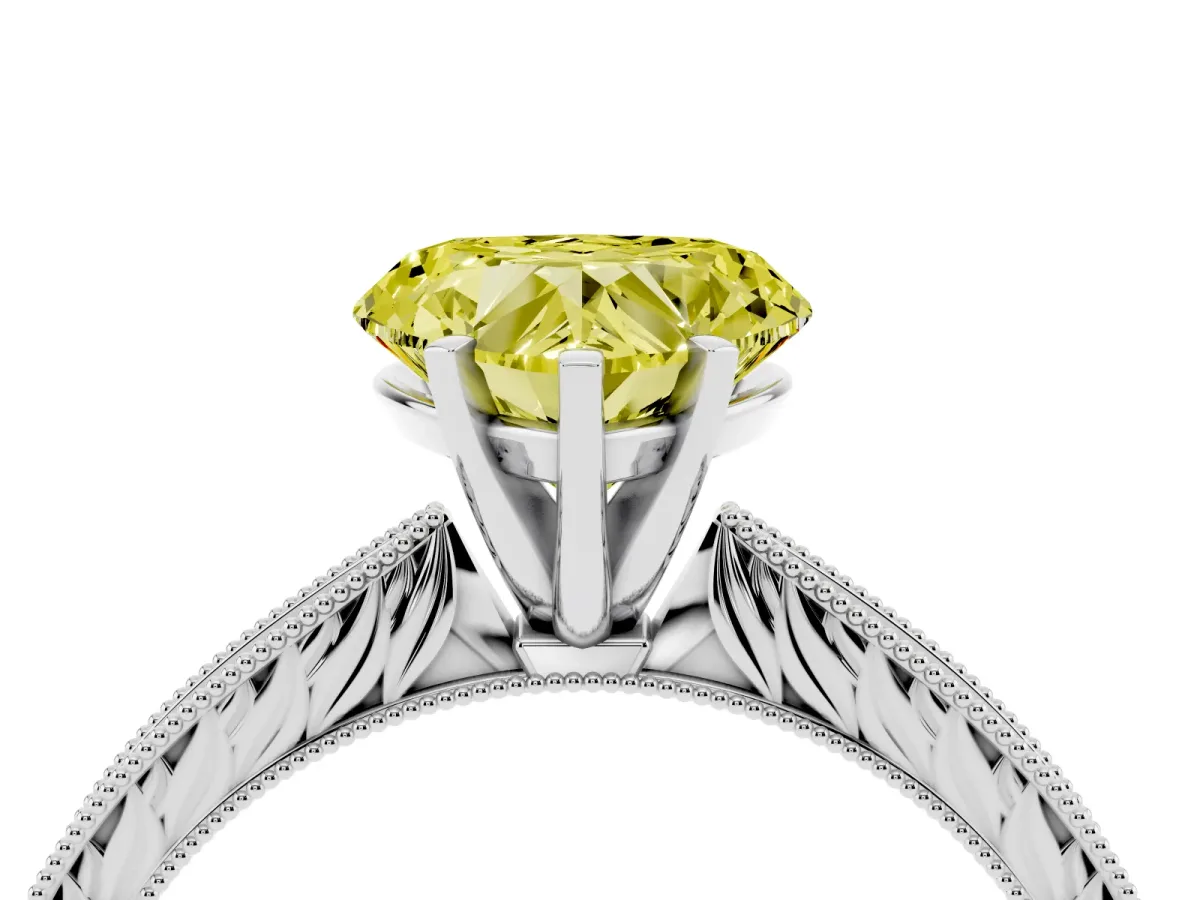 Fancy Yellow Heart Cut Solitaire Milgrain Engraved Band with Four-Prong Setting Silver
