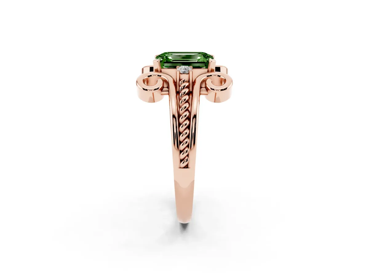 Fancy Green Emerald Cut Solitaire Twisted Band Scroll Prong Ring Rose gold