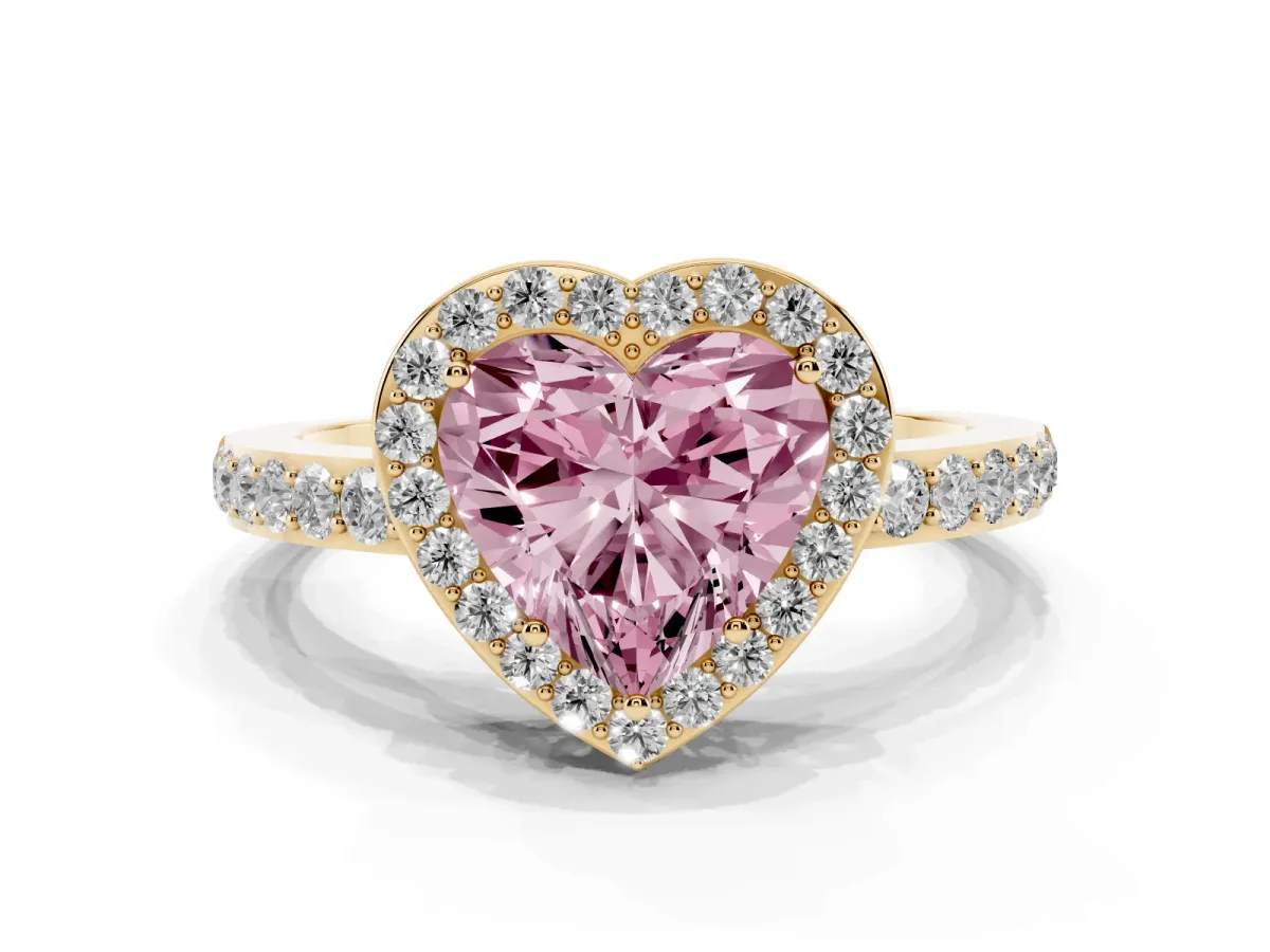 Fancy Pink Heart Cut Halo Diamond Pavé Band Ring with Prong Setting Yellow gold