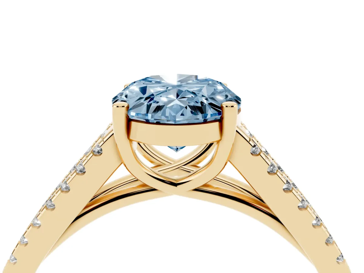 Fancy Blue Oval Cut Diamond Solitaire Engagement Ring with Split Shank Pavé Band Yellow gold