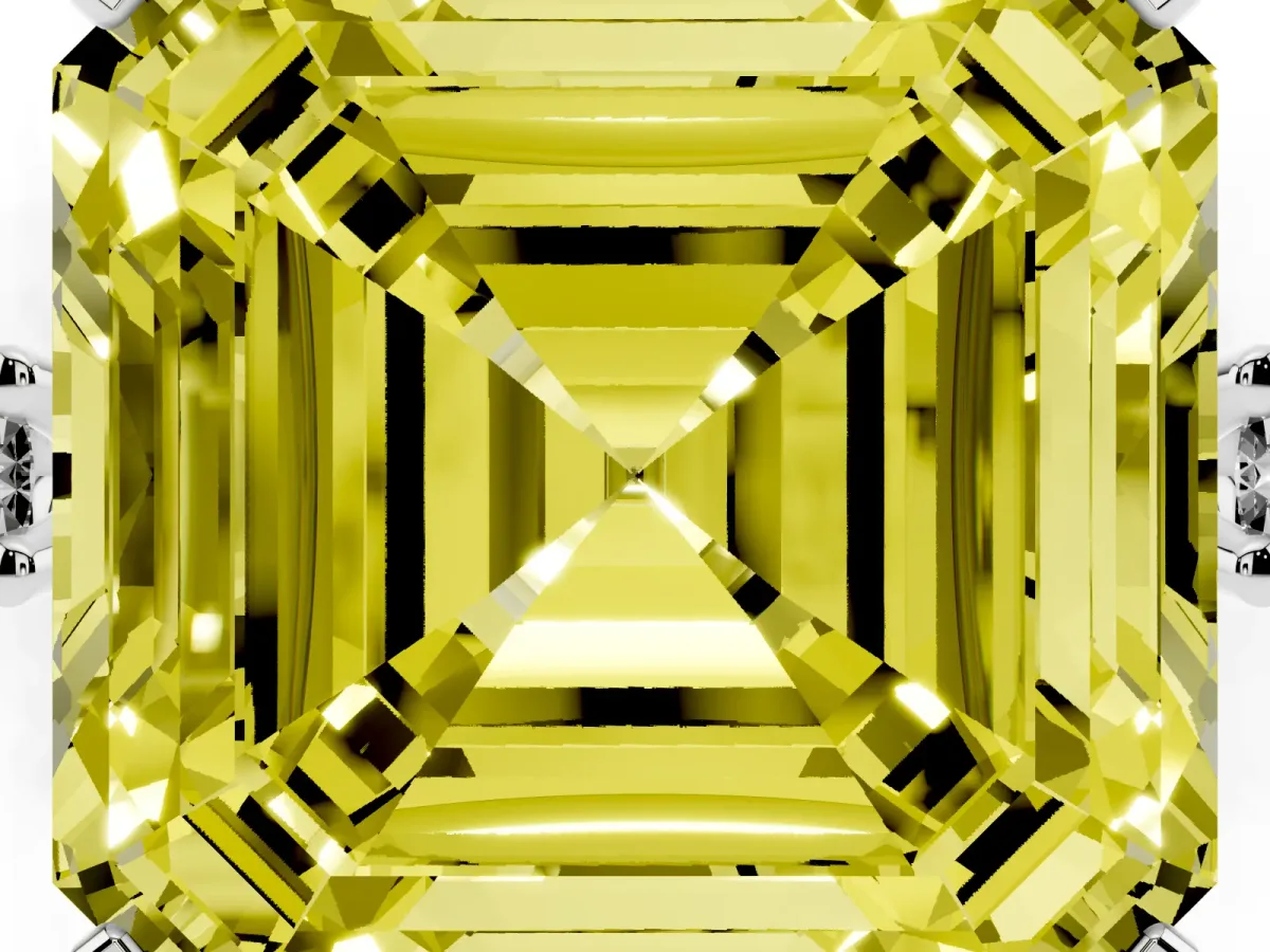 Fancy Yellow Asscher Cut Cut Three-Stone Solitaire Ring with Round Accent Diamonds and Four-Prong Setting Silver