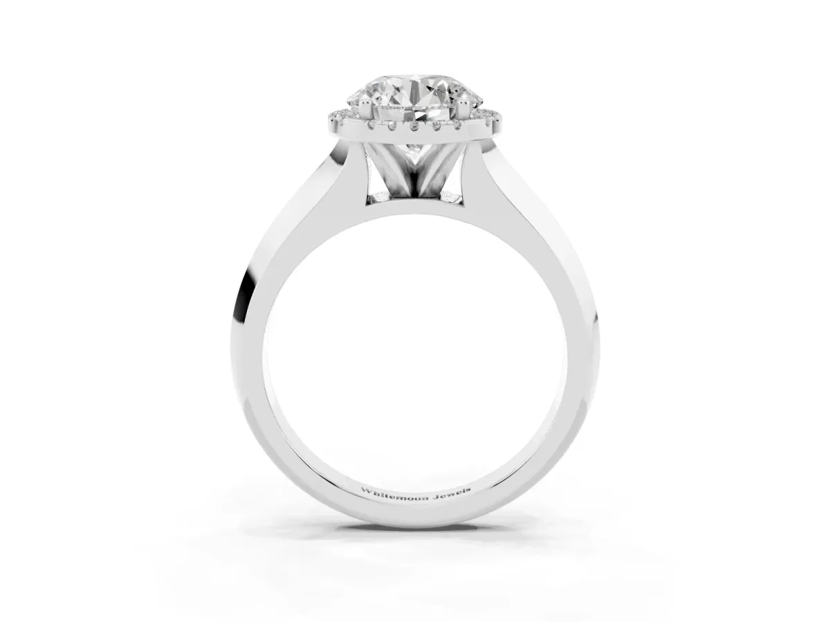 Round Cut Halo Diamond Ring with Cathedral Band and Four-Prong Setting White gold