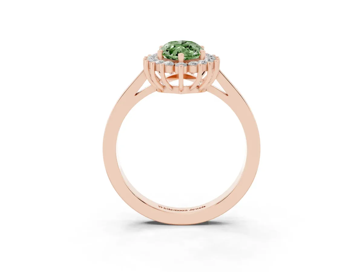 Fancy Green Marquise Cut Cut Diamond Halo Ring with Round Brilliant Halo and Solitaire Band Rose gold