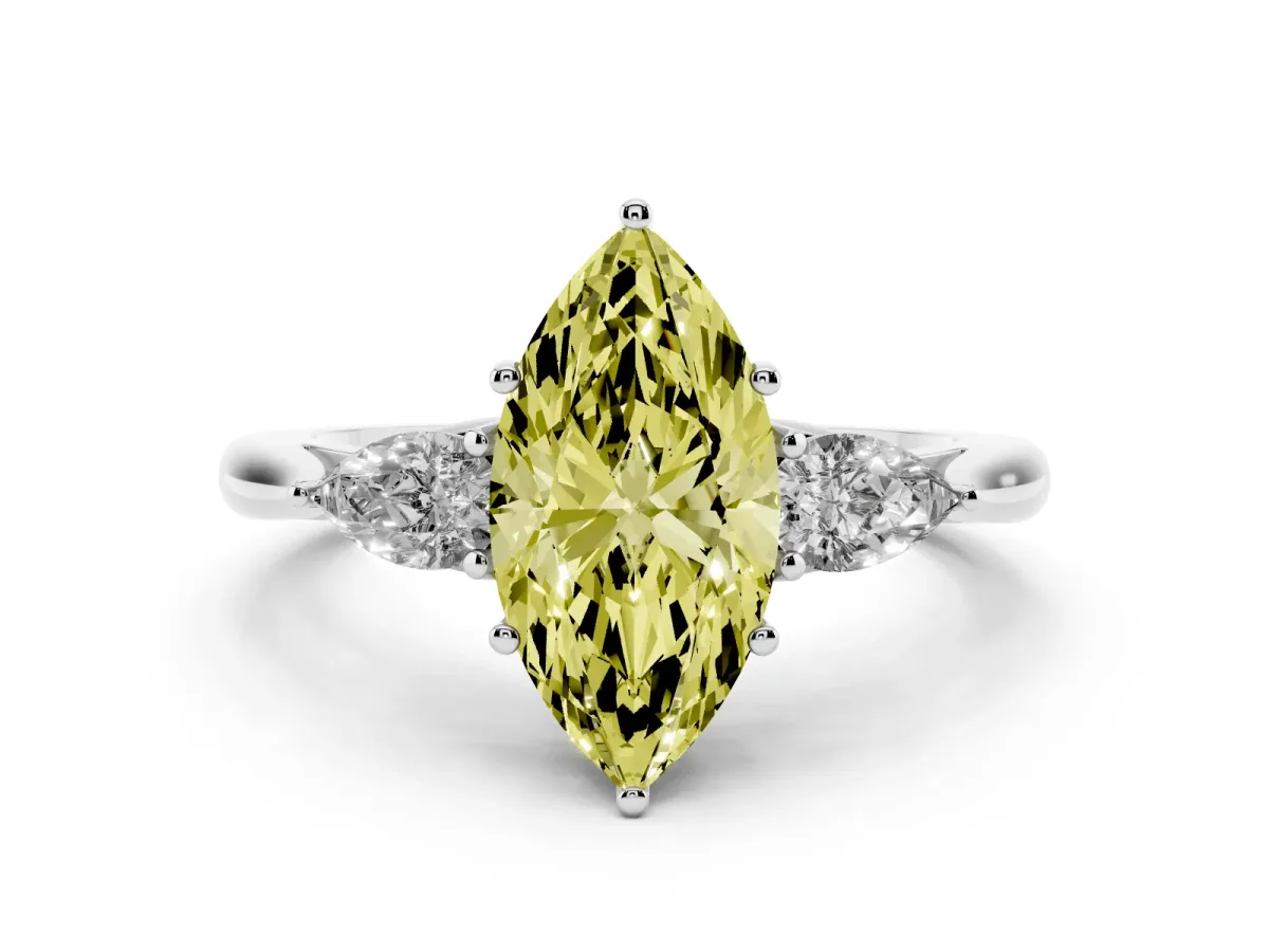Fancy Yellow Three-Stone Marquise Cut Brilliant Diamond Solitaire Ring with Tapered Band and Four-Prong Setting White gold