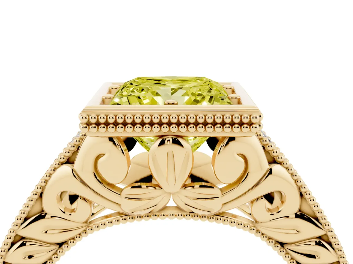 Fancy Yellow Bezel Set Princess Cut Diamond Milgrain Pave Engagement Ring Yellow gold