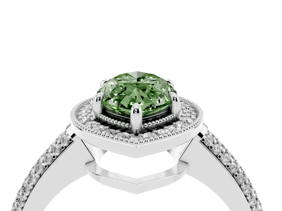 Fancy Green Marquise Cut Cut Halo Diamond Pave Band with Four-Prong Setting Silver