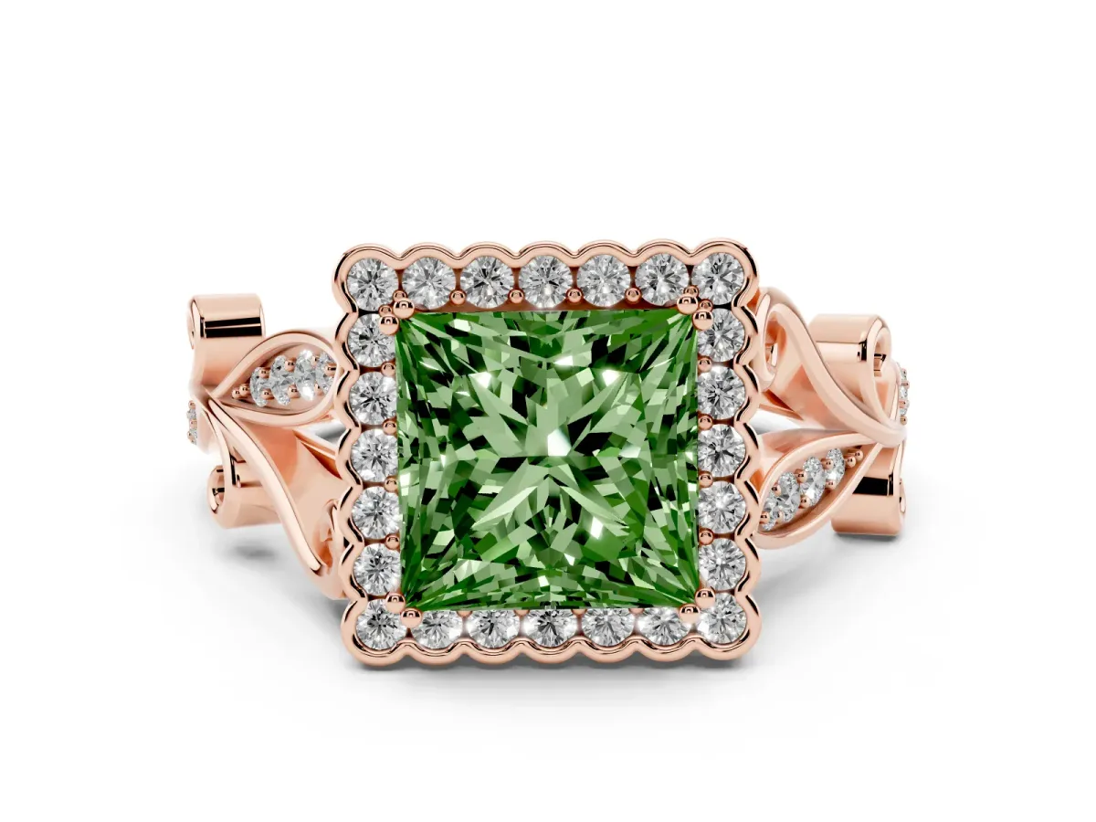 Fancy Green Princess Cut Diamond Halo Ring with Vintage Split Shank and Four-Prong Setting Rose gold