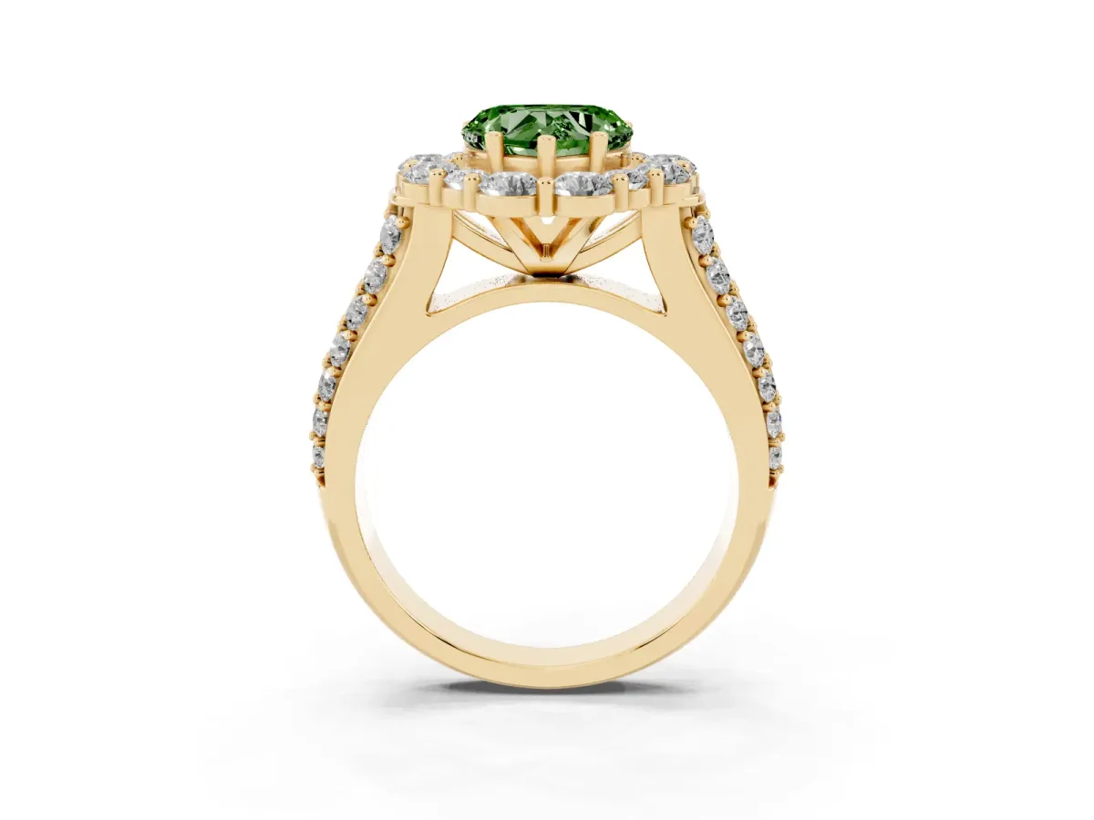 Fancy Green Heart Cut Halo Diamond Engagement Ring with Split Shank and Prong Setting Yellow gold