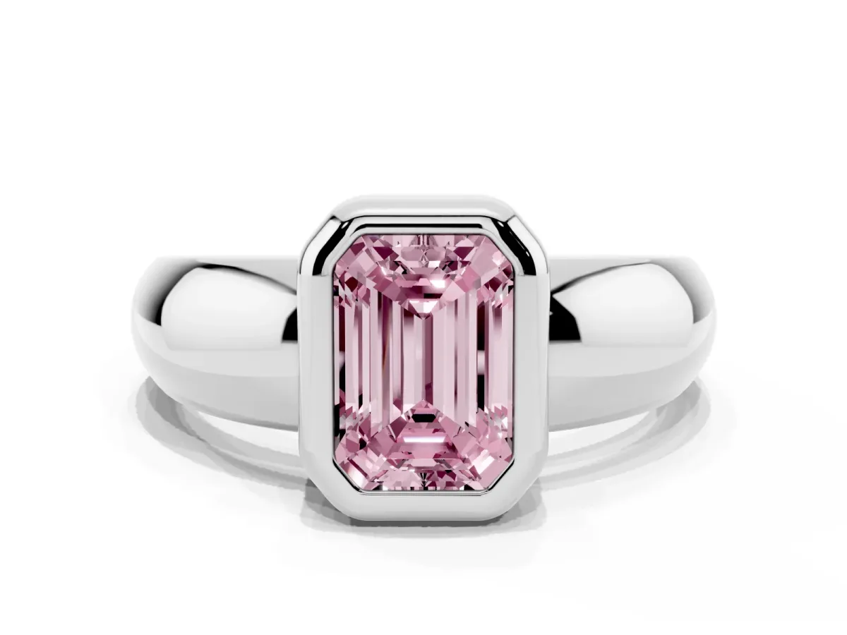 Fancy Pink Bezel Set Emerald Cut Solitaire Ring with Wide Band White gold