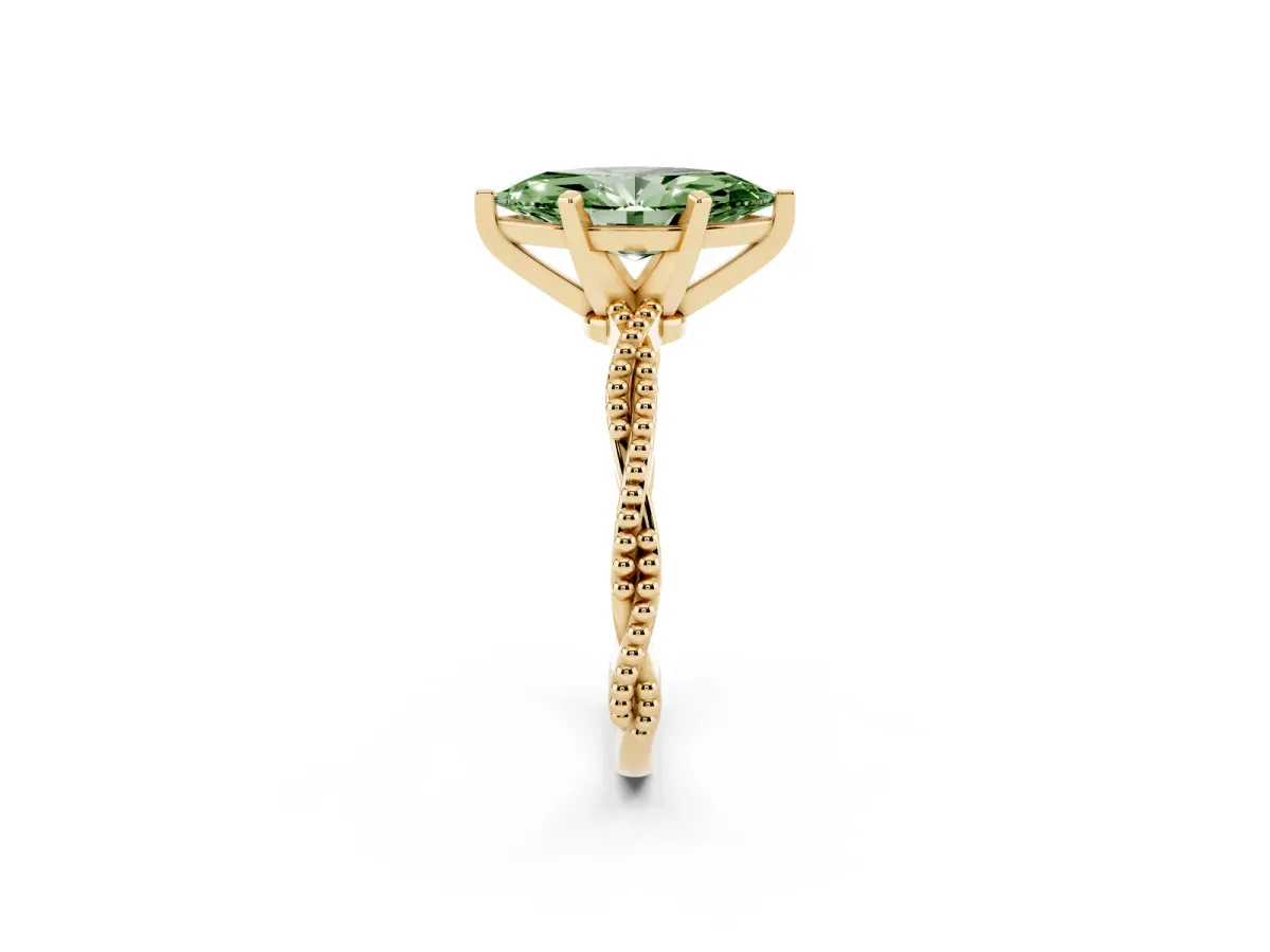 Fancy Green Marquise Cut Solitaire Twisted Band with Bead Prong Setting Yellow gold