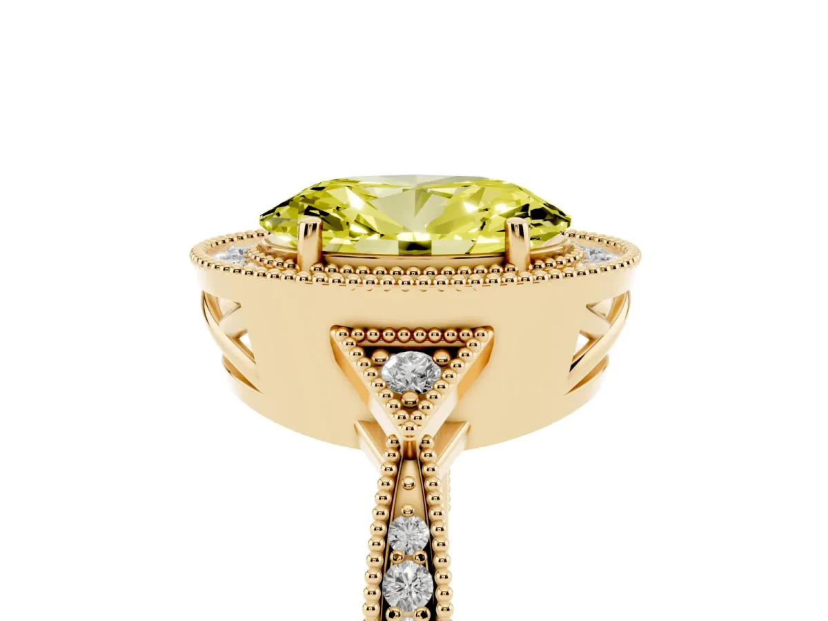 Fancy Yellow Oval Cut Halo Round Diamond Milgrain Pave Engagement Ring Yellow gold