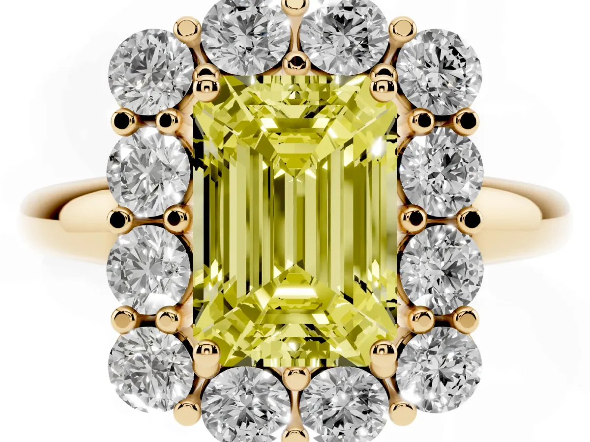 Fancy Yellow Emerald Cut Halo Cluster Diamond Engagement Ring with Prong Setting and Polished Band Yellow gold