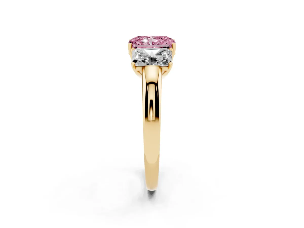 Fancy Pink Radiant Cut Diamond Three-Stone Ring with Four-Prong Setting and Classic Band Yellow gold