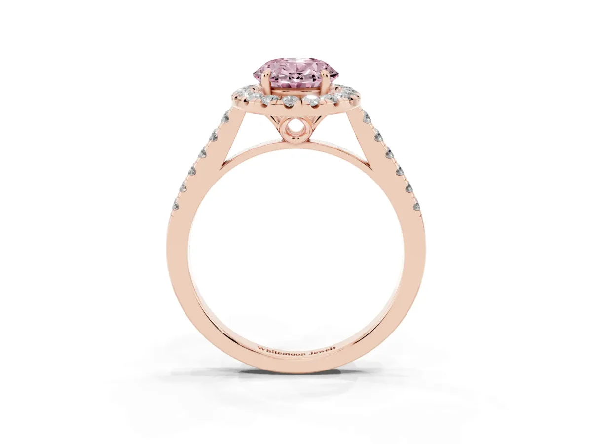 Fancy Pink Oval Cut Halo Pavé Diamond Engagement Ring with Four-Prong Setting Rose gold