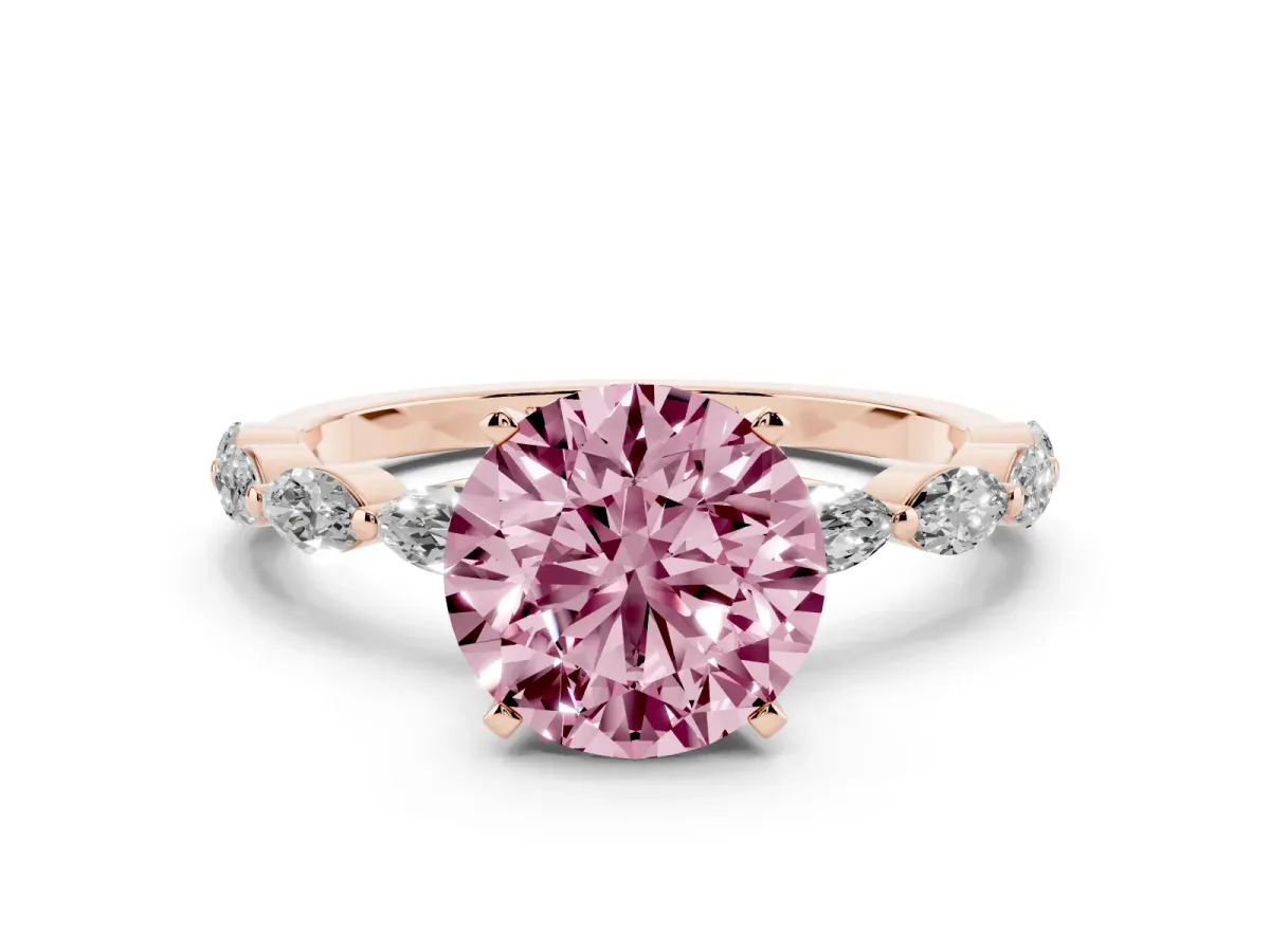 Fancy Pink Round Cut Diamond Ring with Marquise Side Stones and Prong Setting Rose gold