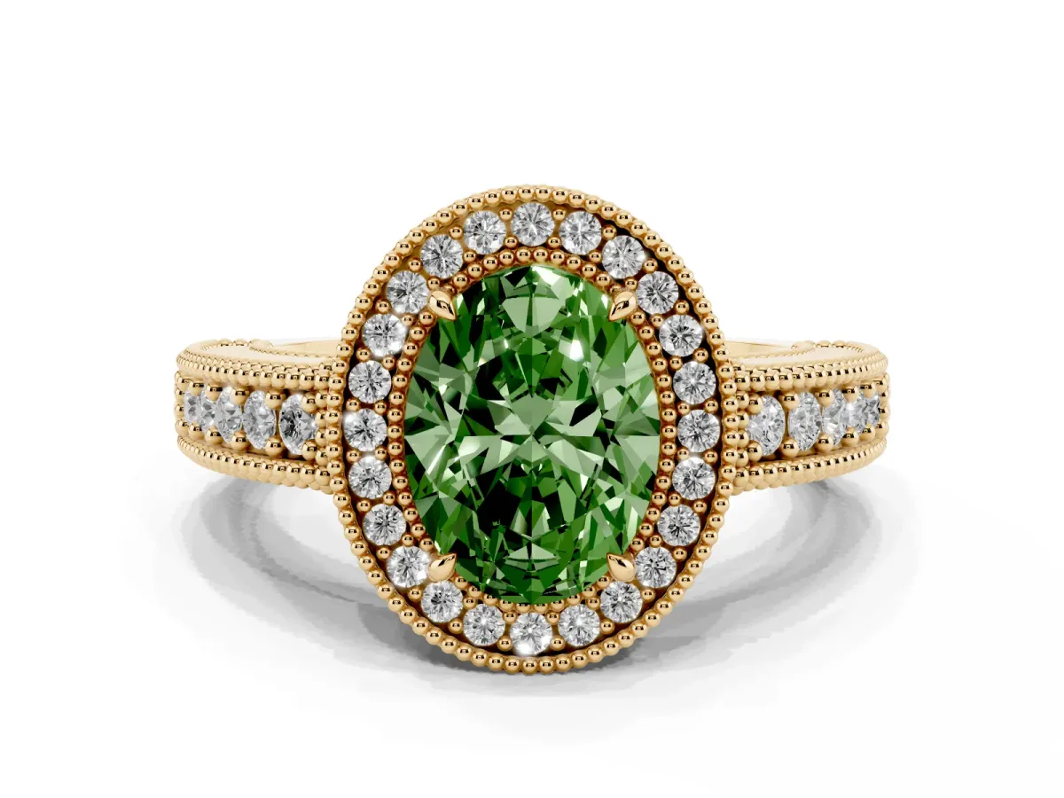 Fancy Green Oval Cut Cut Halo Diamond Ring with Pavé Band and Four-Prong Setting Yellow gold