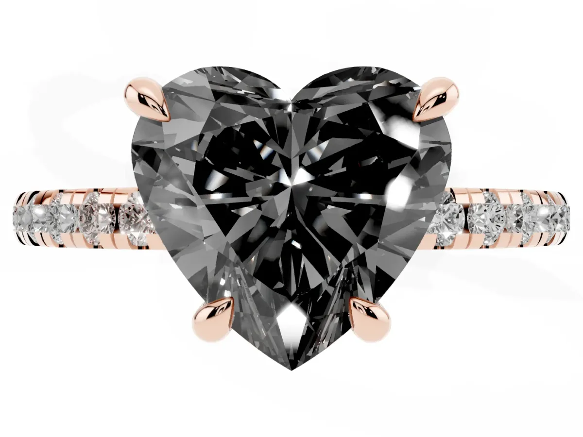 Fancy Black Heart Cut Diamond Brilliant Solitaire Ring with Pavé Band and Four-Prong Setting Rose gold