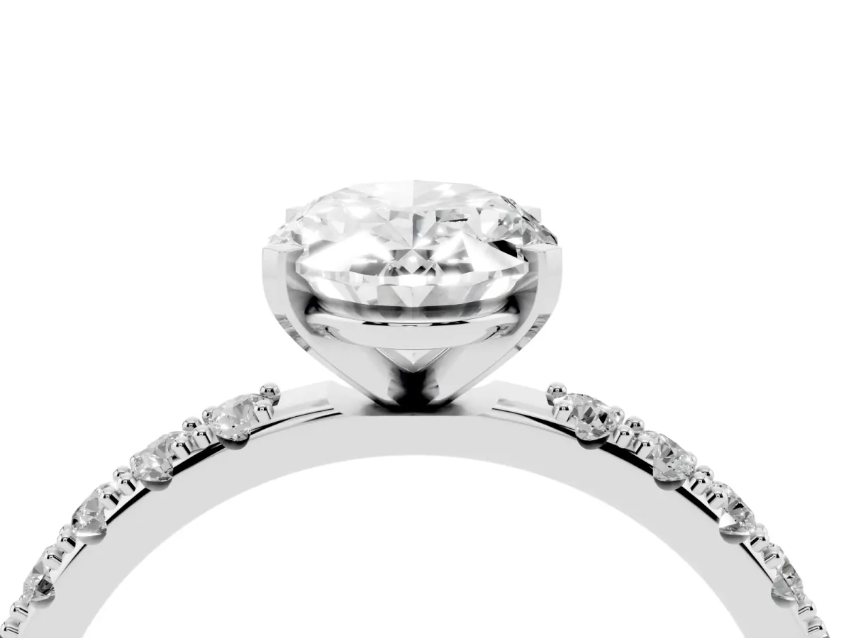 Oval Cut Diamond Solitaire Pavé Band with Four-Prong Setting Silver