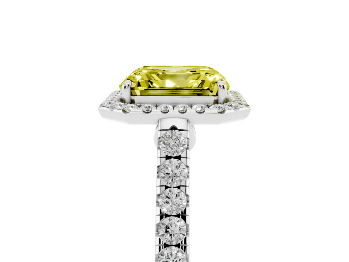 Fancy Yellow Asscher Cut Halo Pave Diamond Engagement Ring with Four-Prong Setting Silver