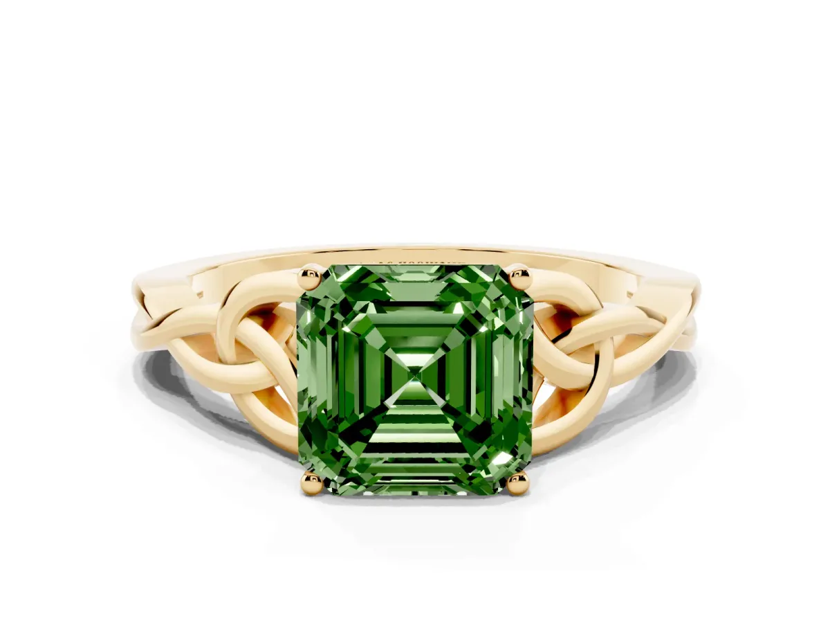 Fancy Green Asscher Cut Diamond Solitaire Engagement Ring with Celtic Knot Band and Four-Prong Setting Yellow gold