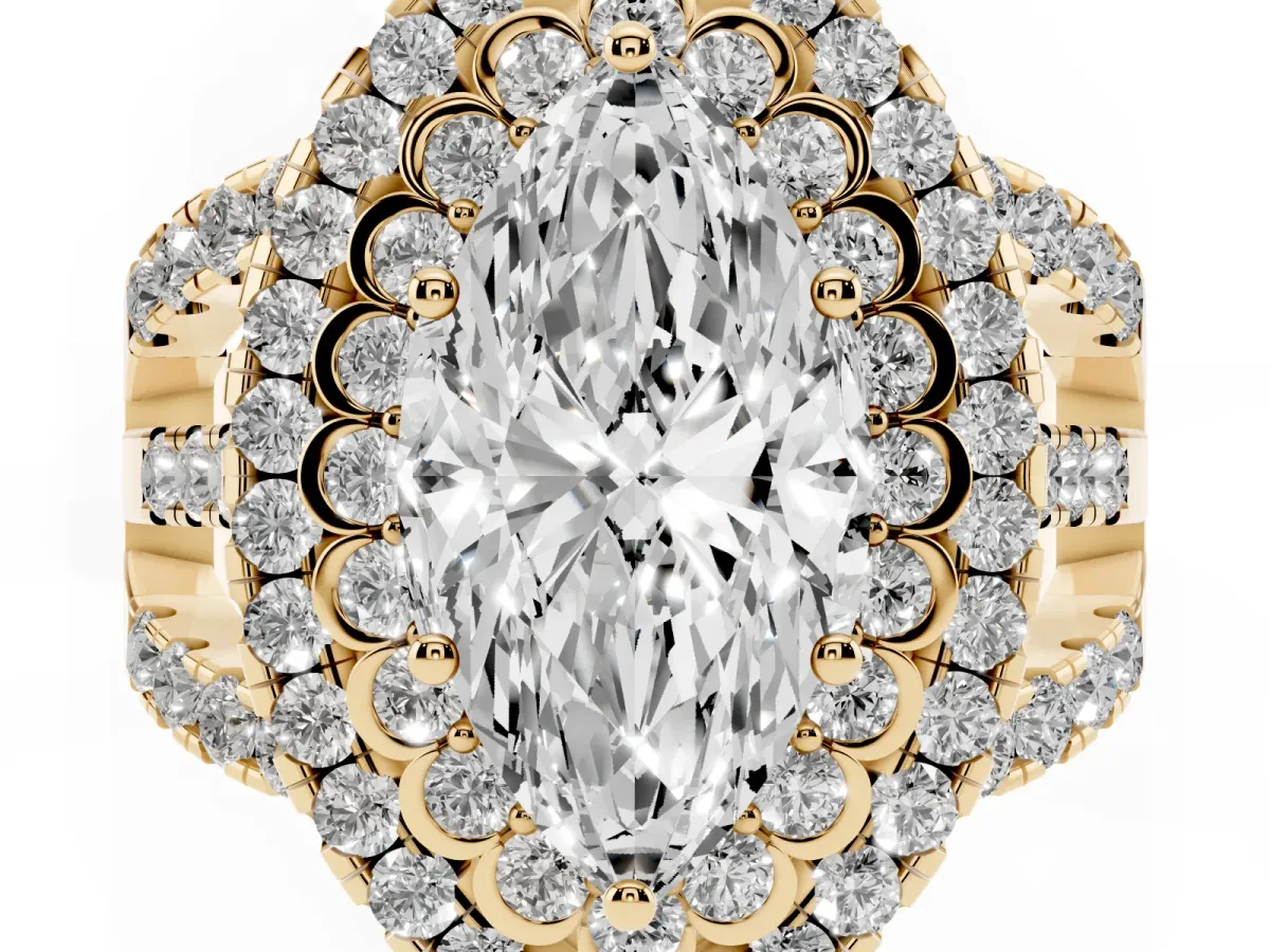 Marquise Cut Diamond Double Halo Ring with Round Pavé Split Shank and Prong Setting Yellow gold