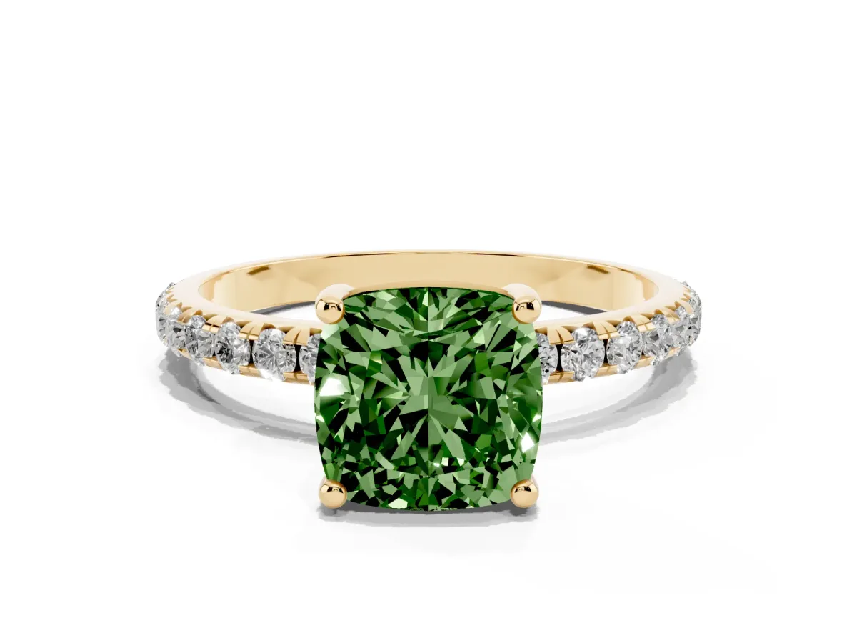 Fancy Green Cushion Cut Cut Diamond Solitaire Ring with Micro Pave Band and Four Prong Setting Yellow gold