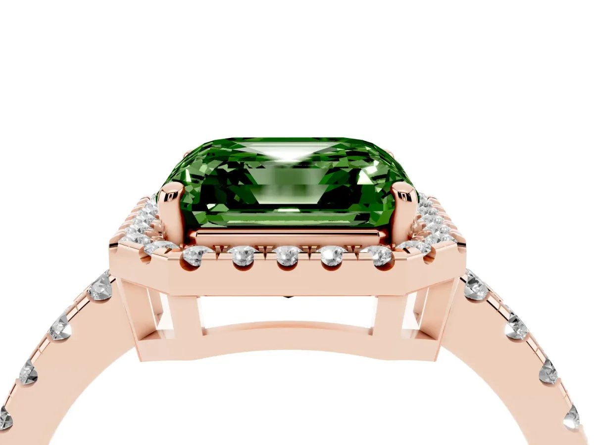 Fancy Green Asscher Cut Diamond Halo Ring with Pavé Band and Four-Prong Setting Rose gold