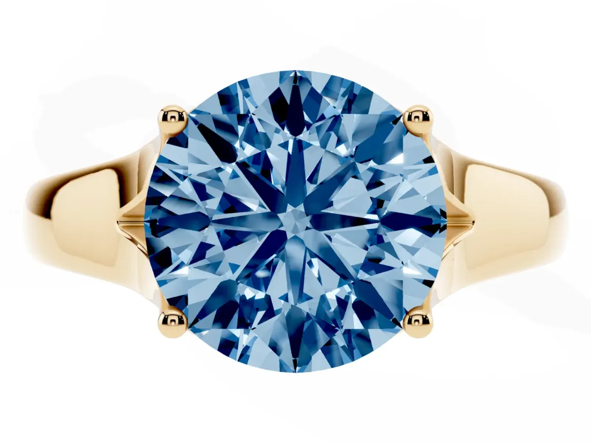 Fancy Blue Round Cut Solitaire Diamond Ring with Cathedral Band and Four-Prong Setting Yellow gold
