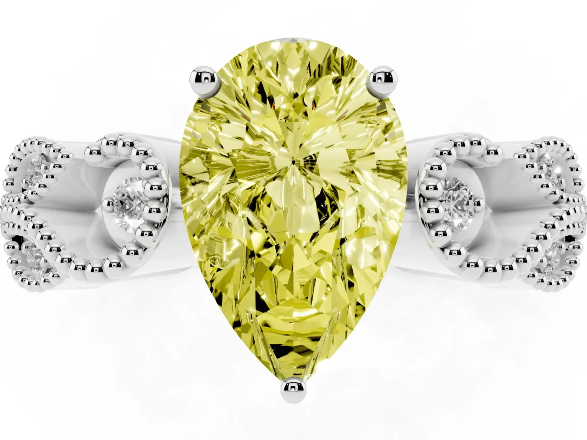 Fancy Yellow Pear Cut Solitaire Milgrain Leaf Band with Prong Setting White gold