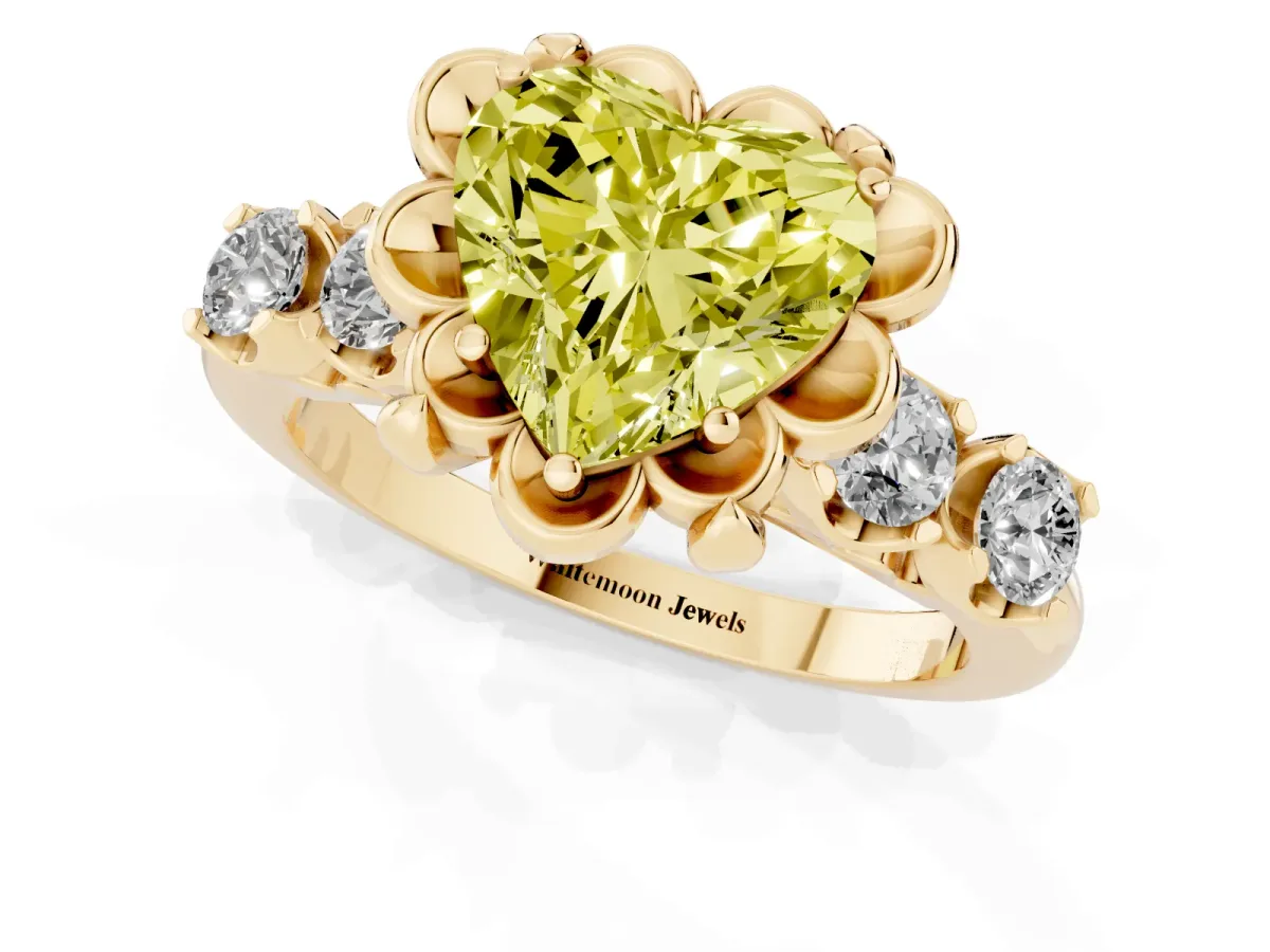 Fancy Yellow Heart Cut Cut Diamond Floral Halo Engagement Ring with Shared Prong Setting Yellow gold
