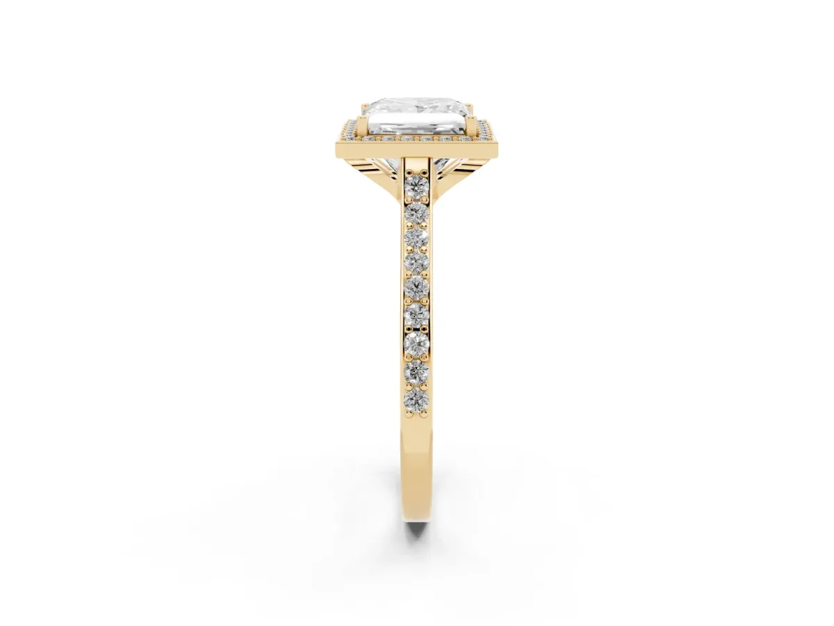 Princess Cut Diamond Halo Engagement Ring with Round Pavé Shoulders and Prong Setting Yellow gold