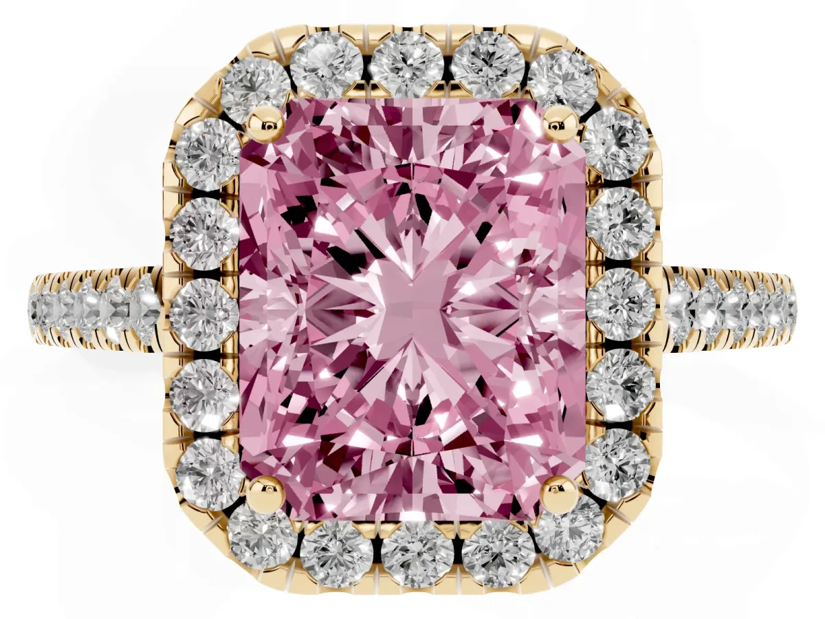 Fancy Pink Radiant Cut Halo Pavé Diamond Engagement Ring with Four-Prong Setting Yellow gold