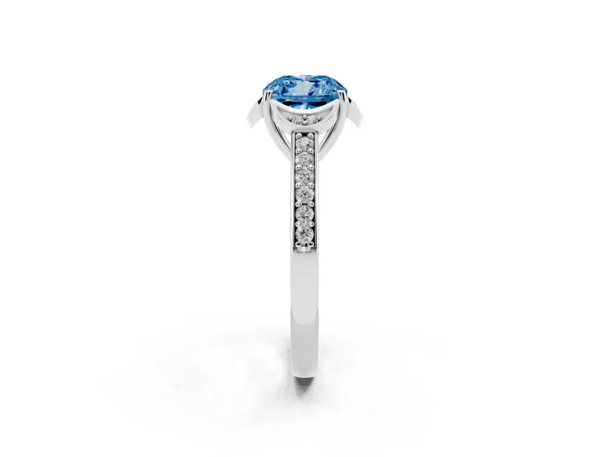 Fancy Blue Cushion Cut Cut Halo Diamond Ring with Channel Set Band and Four-Prong Setting Silver