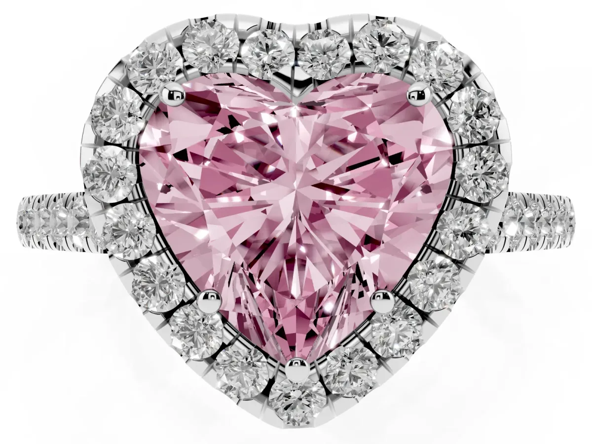 Fancy Pink Heart Cut Halo Pave Diamond Engagement Ring with Four-Prong Setting Platinum