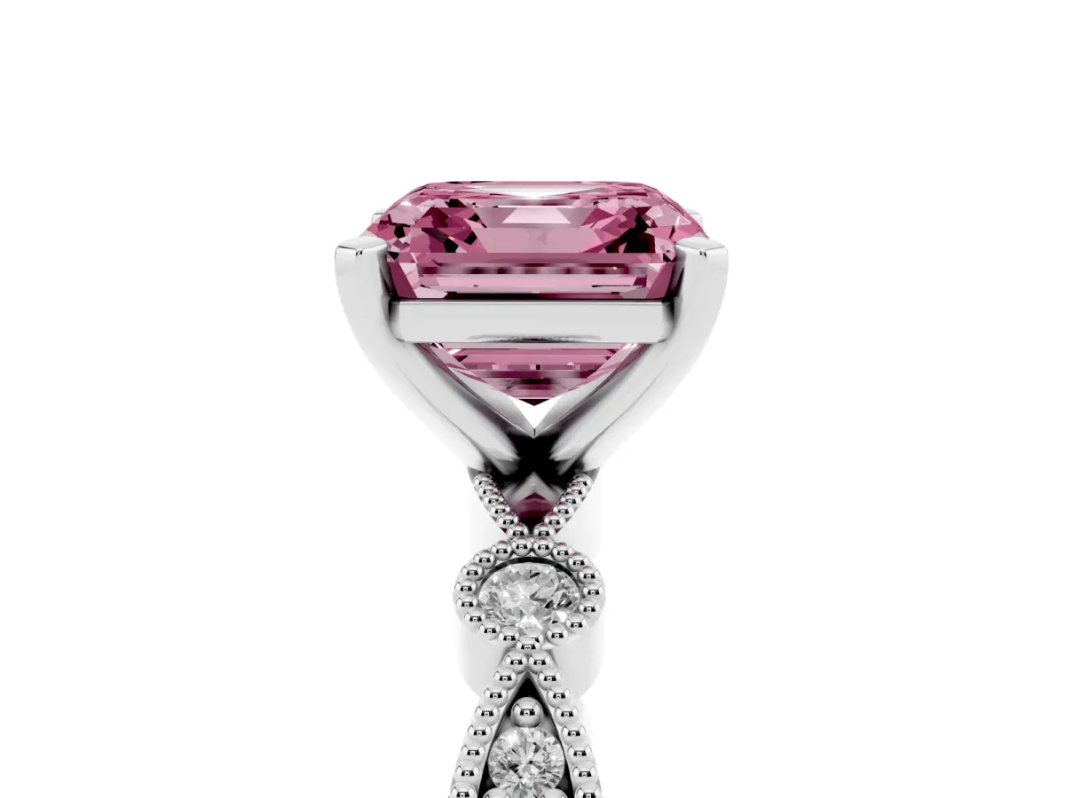 Fancy Pink Asscher Cut Milgrain Bezel Diamond Engagement Ring with Solitaire Prong Setting Platinum