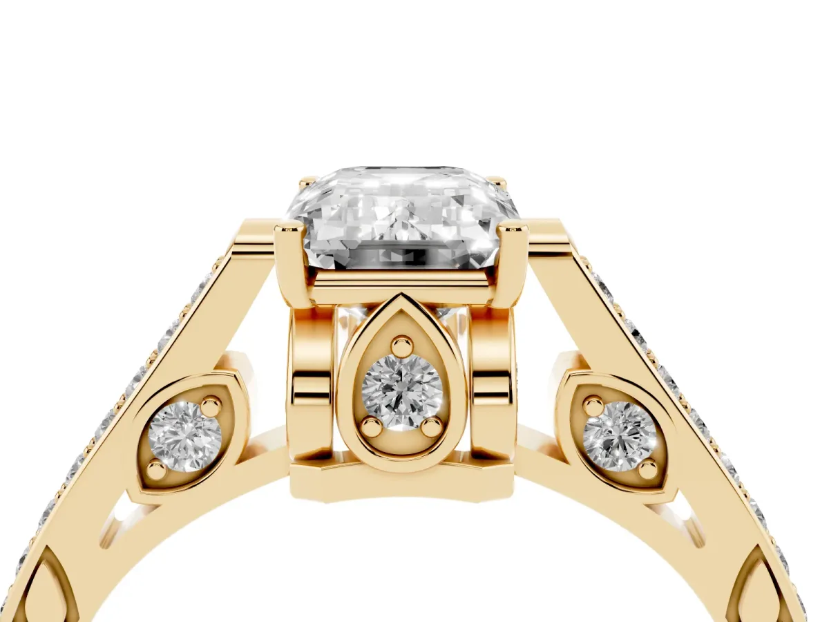 Emerald Cut Cut Cathedral Pave Diamond Engagement Ring with Six-Prong Setting Yellow gold
