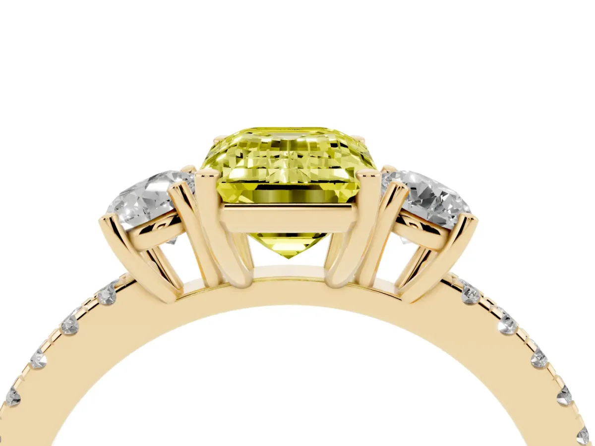 Fancy Yellow Three-Stone Emerald Cut Cut Diamond Pavé Band with Prong Setting Yellow gold