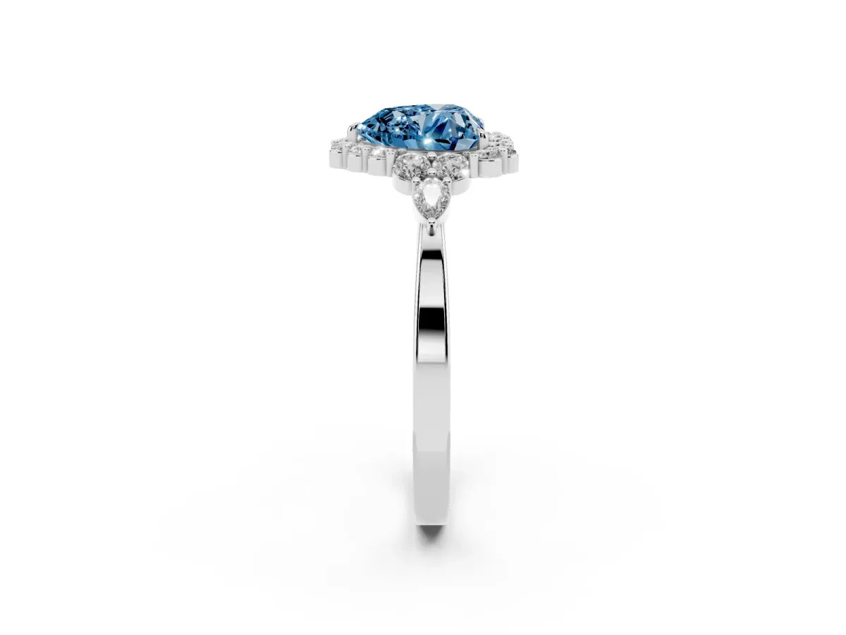 Fancy Blue Heart Cut Diamond Halo Ring with Pear Side Stones and Prong Setting Silver