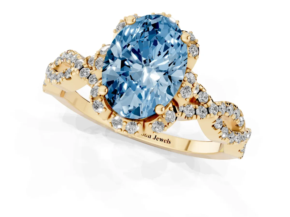 Fancy Blue Oval Cut Halo Twist Band Solitaire Ring with Six-Prong Setting Yellow gold