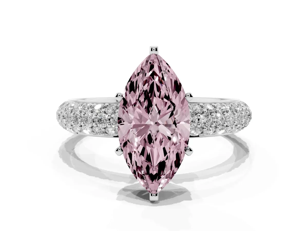 Fancy Pink Marquise Cut Diamond Solitaire Ring with Prong Setting and Pavé Band Silver