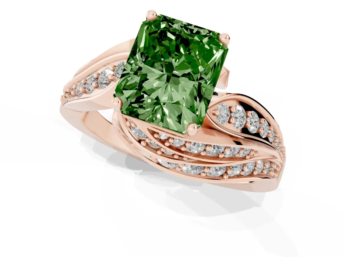 Fancy Green Radiant Cut Diamond Solitaire Ring with Prong Setting and Twisted Pavé Band Rose gold