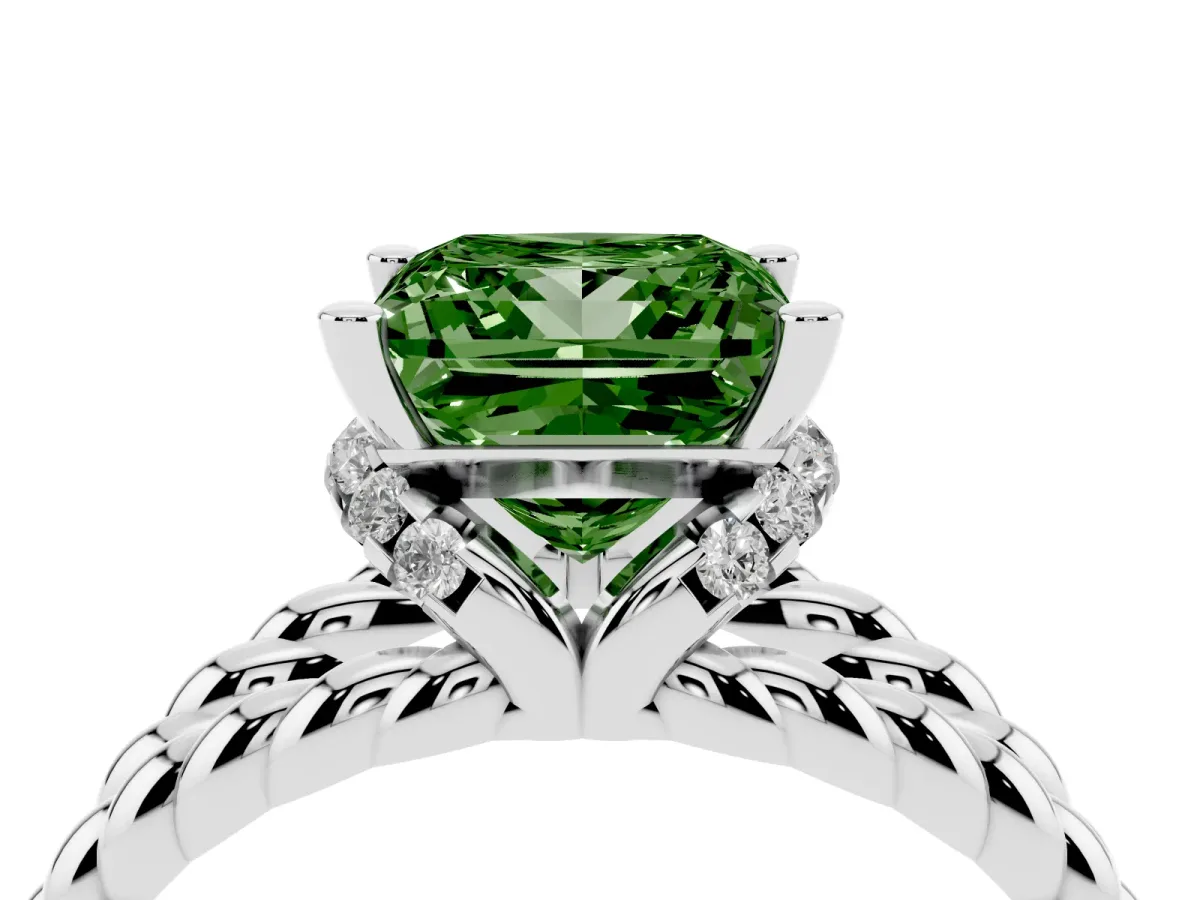 Fancy Green Princess Cut Halo Twisted Band Four-Prong Ring White gold