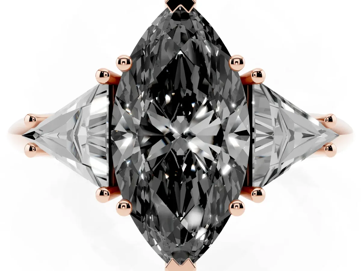 Fancy Black Three-Stone Marquise Cut Diamond Engagement Ring with Trillion Side Stones and Prong Setting Rose gold